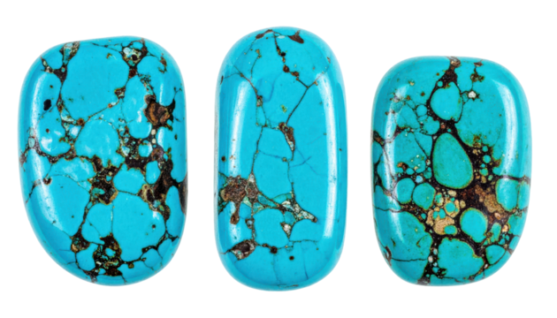 Three Polished Turquoise Gemstones Displayed on Transparent Background Showcase Detailed Surface Textures and Natural Color Variations Ideal for Jewelry and Design Projects