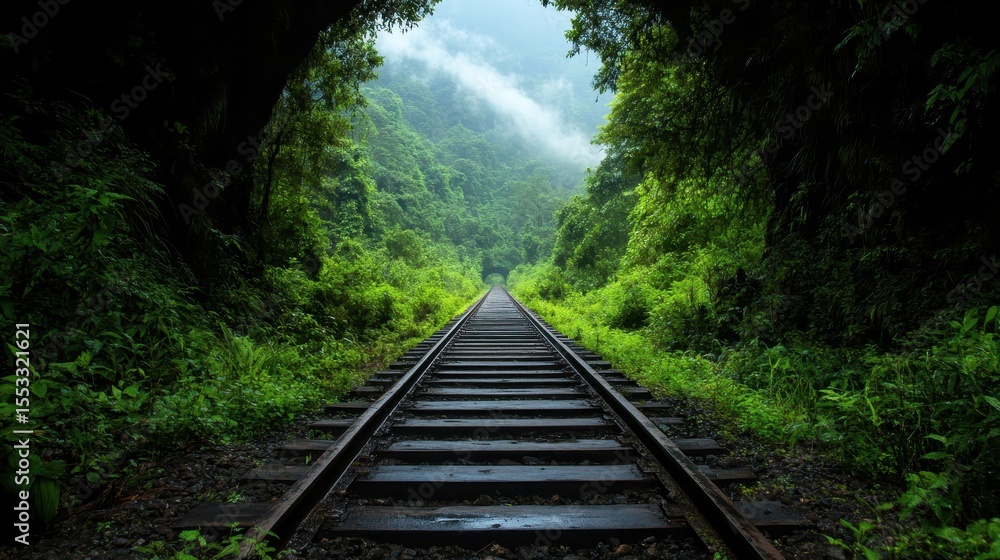 Poster a tranquil railway path surrounded by dense greenery and misty mountains creates a peaceful and invi