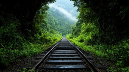 A tranquil railway path surrounded by dense greenery and misty mountains creates a peaceful and inviting atmosphere in this captivating natural setting.