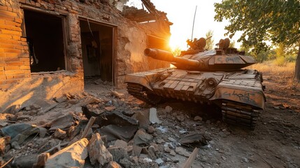 Fototapeta premium An abandoned building remains in ruins, with a tank positioned against the backdrop of a stunning sunset, evocative of conflict, history, and the passage of time in a war-torn environment.