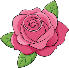 Vibrant Pink Rose Illustration with Detailed Petals and Leaves