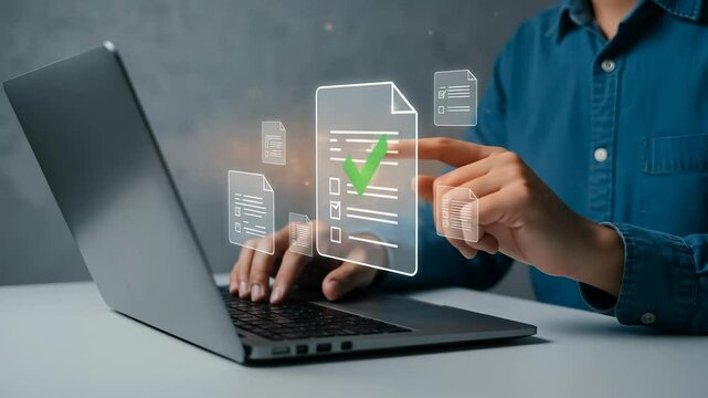 Online Checklist: Man Completes Digital Form on Laptop with Green Check Mark - Compliance, Productivity & Efficiency