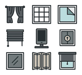 Home Privacy Icons. Flat icon set of home privacy tools: curtains drawn, frosted glass, window film, blinds