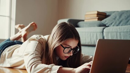 Teenager girl wearing eyeglasses is lying on the floor using a laptop, focused on her online studies in a comfortable home setting with a sofa and books in the background - Powered by Adobe