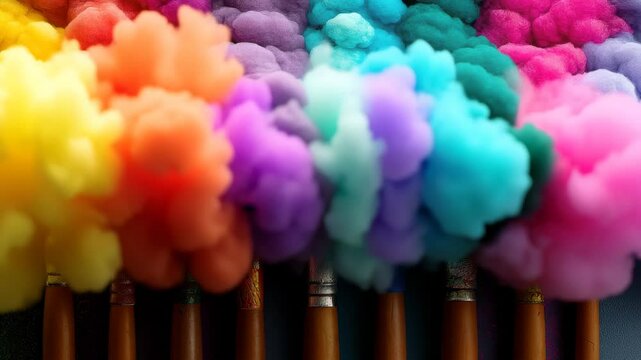 Several brushes with multi-colored clouds of paint in shades of yellow, orange, pink, blue, green and purple
