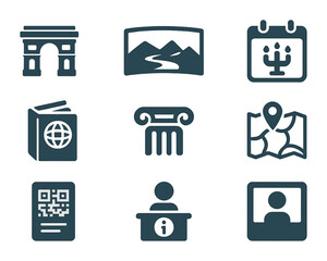 Destination Promotion Icons. Flat icon set of destination promotion tools: landmark icon, panoramic photo,