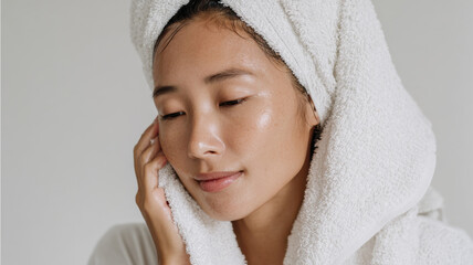 Clean white towel patting dry a freshly washed asian face