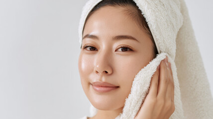 Clean white towel patting dry a freshly washed asian face