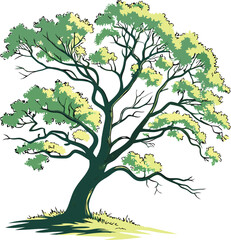A detailed, hand-drawn illustration of a large, flourishing tree with a bold, stylized trunk and canopy of varying shades of green and yellow.