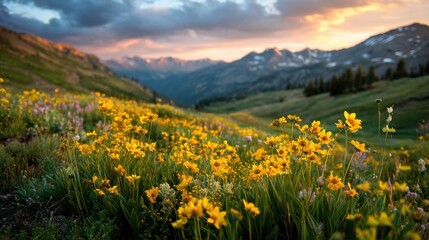 Fototapeta premium Yellow wildflowers bloom in a scenic alpine meadow at sunset