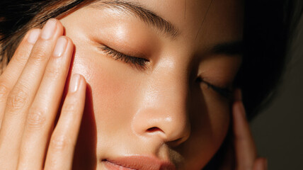 Fingers spreading facial serum evenly across asian skin