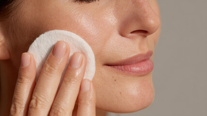 Hands applying toner with cotton pad on cheek area