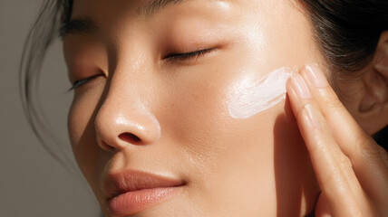 SPF sunscreen tube being applied to asian cheek, minimal 