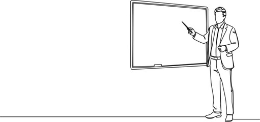 continuous single line drawing of lecturer pointing at whiteboard, line art vector illustration