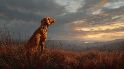Golden hour scene featuring a dog standing on a windswept grass hill
