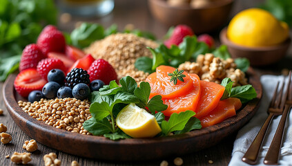 Healthy brain food with nuts, berries, salmon, avocado, and leafy greens on table, top view.