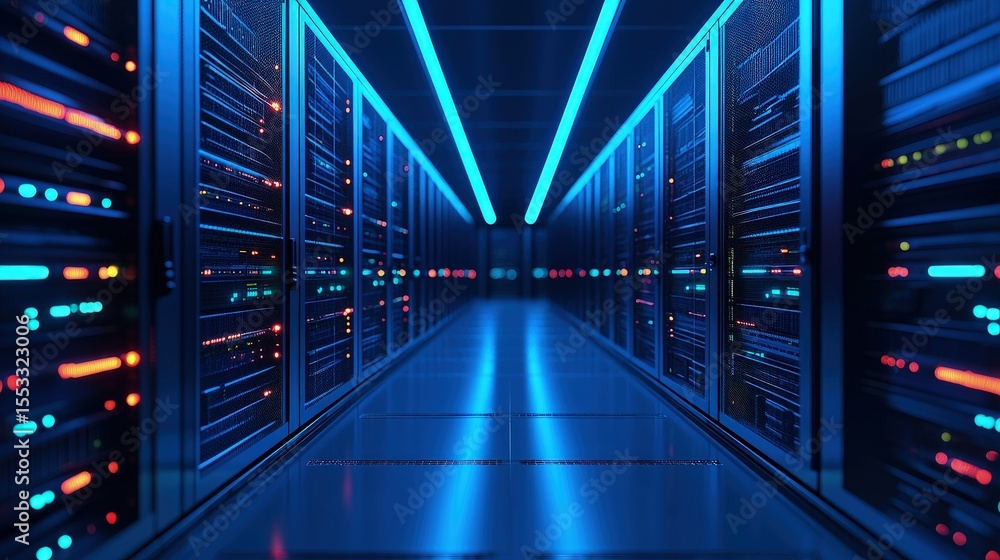 Poster Dark server room corridor with glowing blue lights and multicolored indicators on data racks, ideal for cloud technology, cybersecurity, and digital infrastructure visuals