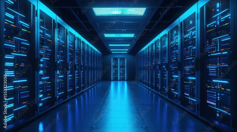 Aufkleber Glowing server room with illuminated ceiling panels and sleek reflective floor, ideal for cloud infrastructure, digital storage, and secure network technology concepts