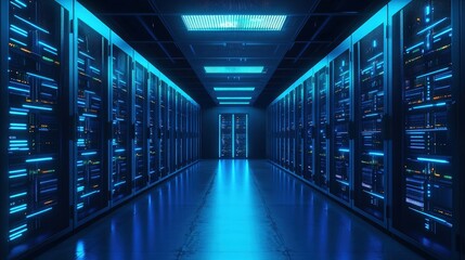 Glowing server room with illuminated ceiling panels and sleek reflective floor, ideal for cloud infrastructure, digital storage, and secure network technology concepts