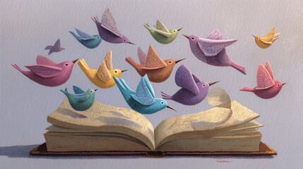 Whimsical illustration of birds emerging from an open book capturing imagination