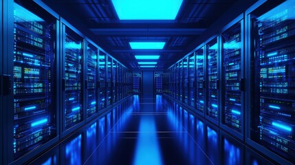 Futuristic server room with glowing blue lights, symmetrical aisles, and modern racks ideal for cybersecurity, cloud infrastructure, and digital network concept visuals