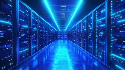 High-tech server room interior with glowing blue lights, reflective floor, and data racks, perfect for cloud computing, cybersecurity, and network infrastructure themes