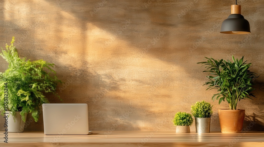 Poster an inviting workspace with plants enhancing productivity, complemented by warm natural light that cr