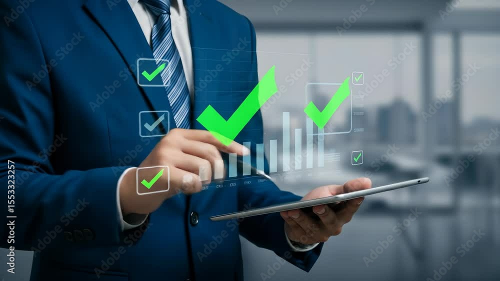 Poster business growth analysis: man analyzing graph on tablet with checkmarks - success, finance, data vis