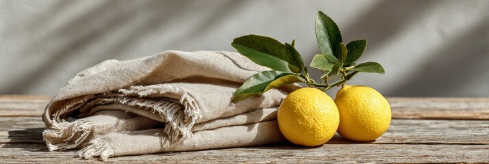Banner with juicy lemons on branch with green leaves resting on folded beige linen over wooden surface