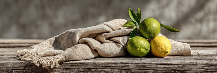 Fresh lime and lemon with leaves on rustic linen cloth and wooden table in natural daylight