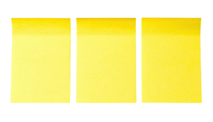 Three Vertical Yellow Sticky Notes Isolated on Transparent Background for Writing Reminders and Messages