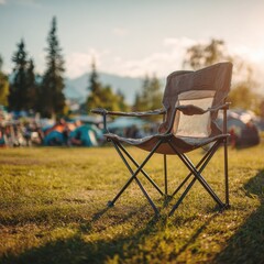 Camping chair on meadow in golden sunlight idyllic scene summer adventure landscape with camping tents background