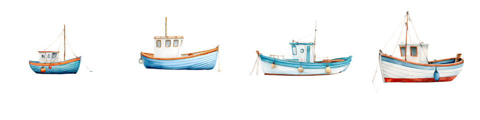 Naklejka premium Watercolor Fishing Boats: Set of Four, Isolated on White Background