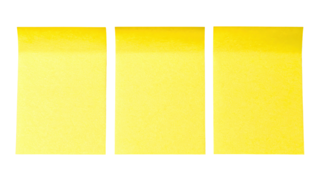 Three Vertical Yellow Sticky Notes Isolated on Transparent Background for Writing Reminders and Messages