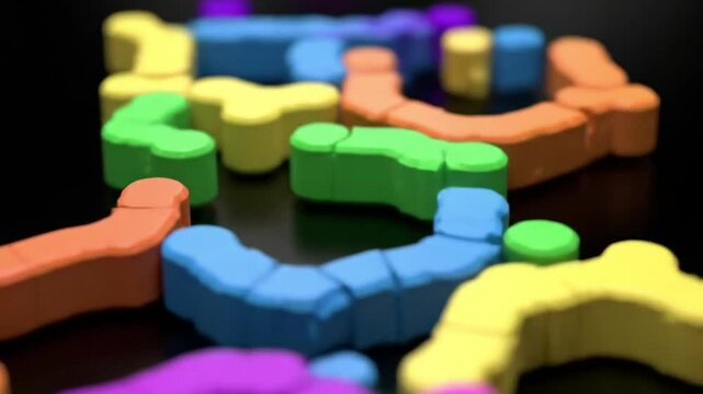 Close up shot of colorful interlocking plastic shapes arranged on a dark surface in a random pattern