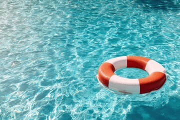 Red  white life preserver floats in a pool with crystal clear blue water
