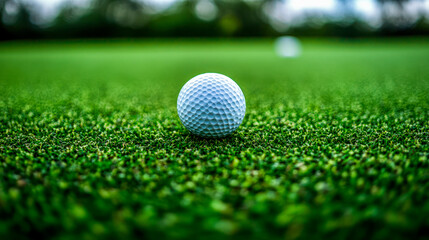 Obraz premium Golf ball resting on lush green grass at a sunny golf course