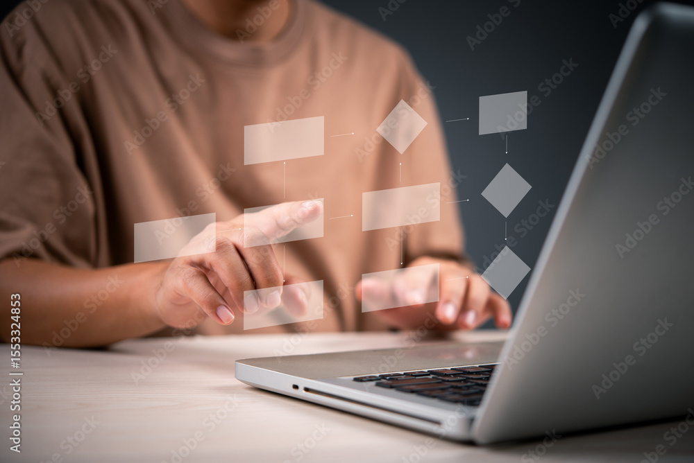 Aufkleber person working on a laptop with digital flowchart graphics, focusing on creating a business process 