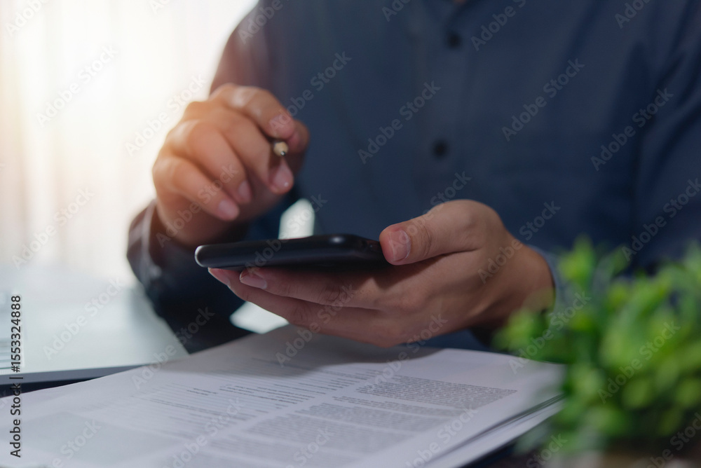 Aufkleber business communication on smartphone: user checking data or messages, emphasizing mobile banking, se