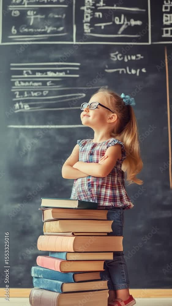 Poster Little pupil with eyeglasses and arms crossed is standing on a stack of books and looking up in a classroom, with a blackboard in the background