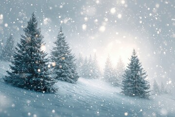 Obraz premium Snowy hill with many pine trees all dusted with snow Snowflakes are falling