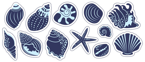 Navy blue seashell and starfish silhouettes on white background. Sea-themed collection of marine elements for summer crafts, packaging, branding, design projects, prints