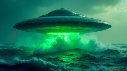 Obraz premium Mysterious UFO hovering above turbulent ocean waters during a storm