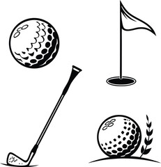 Golf Icon Set – Ball, Club, Flag, Hole Vector Illustration