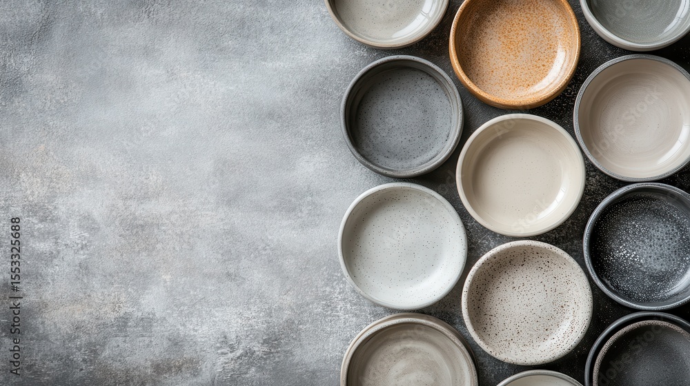 Poster this image features an array of beautifully crafted ceramic plates carefully arranged on a subtle gr