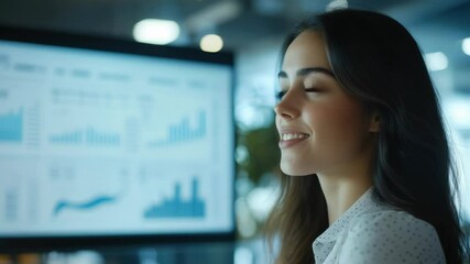 Young professional woman analyzing financial data on screens in office setting. - Powered by Adobe