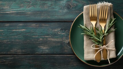 An elegant dining setup featuring golden cutlery and tasteful arrangement on a rustic green plate, beautifully presented with rosemary, ideal for an inviting and classy dining experience.
