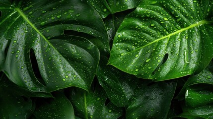 Fototapeta premium A vibrant close-up view of lush green leaves covered in water droplets after a rain, showcasing the beauty of nature and promoting a sense of freshness and vitality.