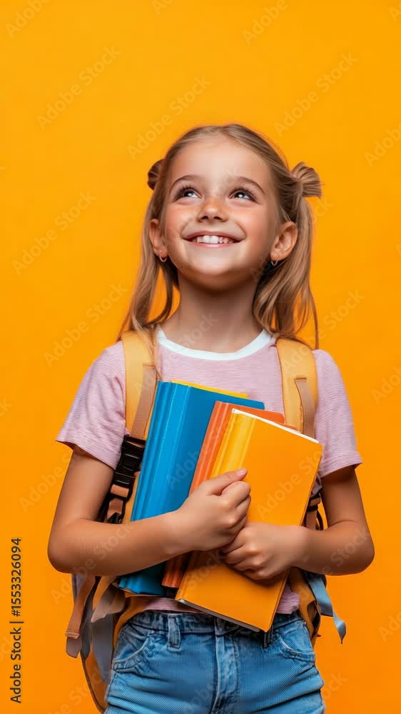 Poster elementary school student with backpack holding colorful books and looking up with cheerful smile wh
