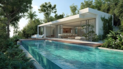 Fototapeta premium Modern, luxurious, tropical home with infinity pool. Lush greenery surrounds a contemporary house nestled in a tropical paradise